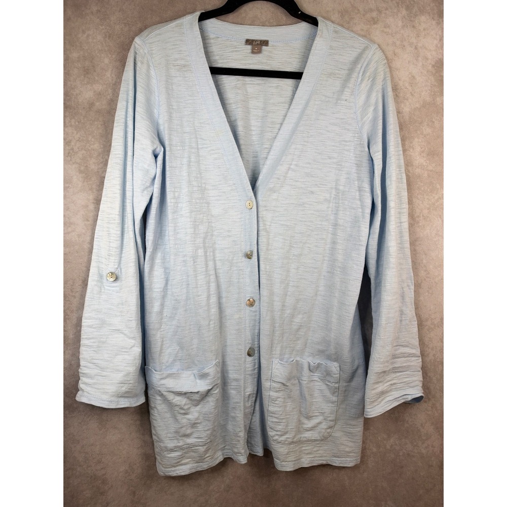 J. Jill Cardigan Women Medium Light Blue Roll Tab Slub Knit Button Front V-Neck